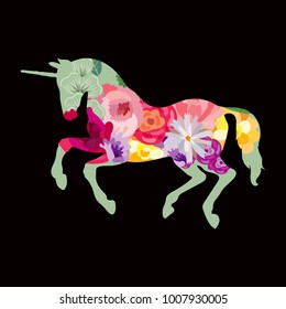 Silhouette of a flower unicorn on a black background.