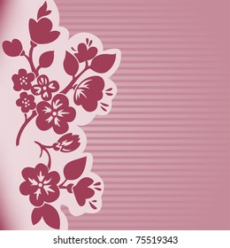 silhouette of flowering branch on a pink striped background
