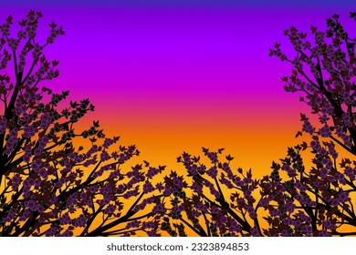 silhouette of flowering tree branch against twilight sky background, vector illustration