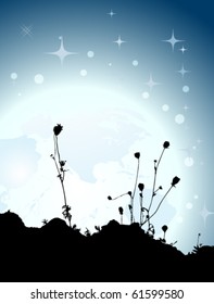 silhouette of flowers with full moon