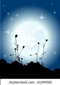 silhouette of flowers with full moon