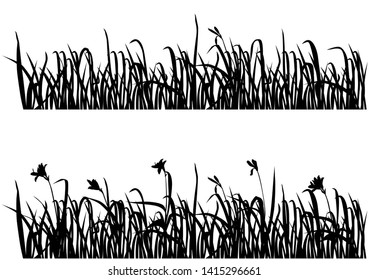 Silhouette flowers and grass, border spring and summer forest and garden wildflowers, black color isolated on white background vector illustration of nature flowers and grass in the garden