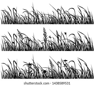 Silhouette flowers and grass, border spring and summer forest and garden wildflowers, black color isolated on white background vector illustration of nature flowers and grass in the garden