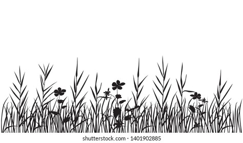 Silhouette flowers and grass, spring and summer forest and garden field flowers, black color isolated on white background Vector illustration of nature flowers and grass in the garden
