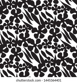 Silhouette flowers and leaves seamless pattern. Decorative forest repeatable motif for fabric, textile, web and print surface project. Laconic minimal sketch floral rapport. 

