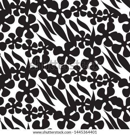 Silhouette flowers and leaves seamless pattern. Decorative forest repeatable motif for fabric, textile, web and print surface project. Laconic minimal sketch floral rapport. 
