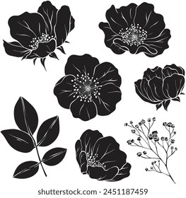 silhouette of flowers. Vector set of design elements for fabric, textile, wallpaper prints