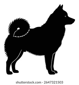 Silhouette of a fluffy dog in black color, a simple, clean and stylish design. The dog appears to be alert and standing