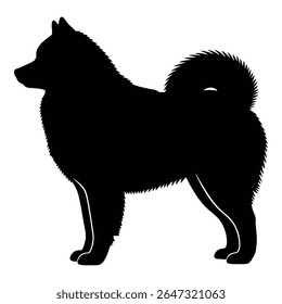 Silhueta de um cão fofo de pé em todas as quatro pernas. O cachorro está virado para a esquerda e tem uma cauda espessa e espessa