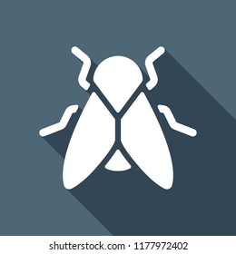 Silhouette of fly. Insect, nature icon. White flat icon with long shadow on background