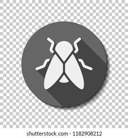 Silhouette of fly. Insect, nature icon. flat icon, long shadow, circle, transparent grid. Badge or sticker style