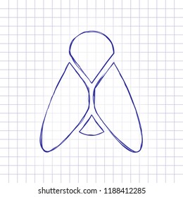 Silhouette of fly. Insect, nature icon. Hand drawn picture on paper sheet. Blue ink, outline sketch style. Doodle on checkered background