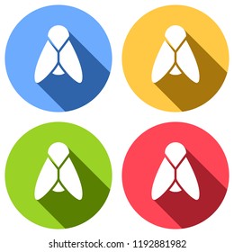 Silhouette of fly. Insect, nature icon. Set of white icons with long shadow on blue, orange, green and red colored circles. Sticker style