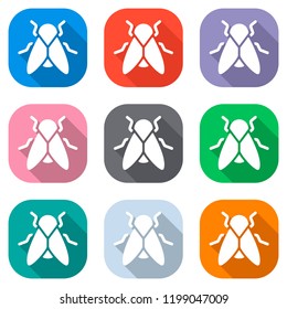 Silhouette of fly. Insect, nature icon. Set of white icons on colored squares for applications. Seamless and pattern for poster