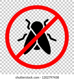 Silhouette of fly. Insect, nature icon. Not allowed, black object in red warning sign with transparent background