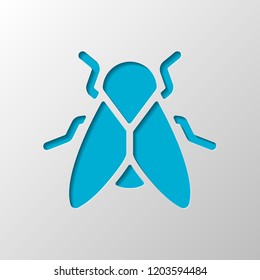 Silhouette of fly. Insect, nature icon. Paper design. Cutted symbol with shadow