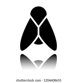 Silhouette of fly. Insect, nature icon. Black icon with mirror reflection on white background