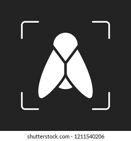 Silhouette of fly. Insect, nature icon. White object in camera autofocus on dark background