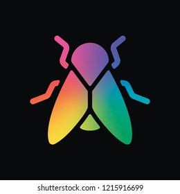 Silhouette of fly. Insect, nature icon. Rainbow color and dark background