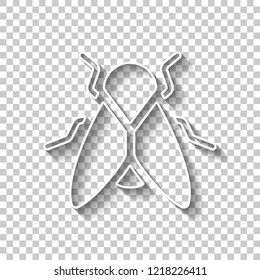 Silhouette of fly. Insect, nature icon. White outline sign with shadow on transparent background