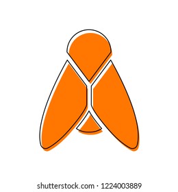 Silhouette of fly. Insect, nature icon. Isolated icon consisting of black thin contour and orange moved filling on different layers. White background