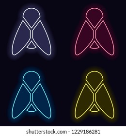 Silhouette of fly. Insect, nature icon. Set of neon sign. Casino style on dark background.