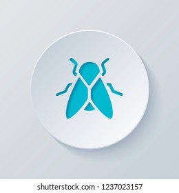 Silhouette of fly. Insect, nature icon. Cut circle with gray and blue layers. Paper style