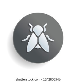 Silhouette of fly. Insect, nature icon. White paper symbol on gray round button or badge with shadow