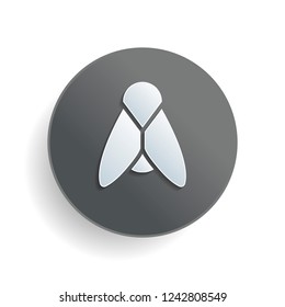 Silhouette of fly. Insect, nature icon. White paper symbol on gray round button or badge with shadow
