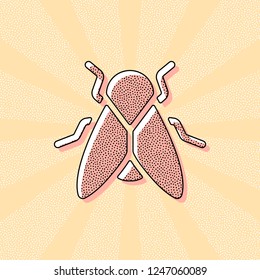 Silhouette of fly. Insect, nature icon. Vintage retro typography with offset printing effect. Dots poster with comics pop art background