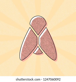Silhouette of fly. Insect, nature icon. Vintage retro typography with offset printing effect. Dots poster with comics pop art background