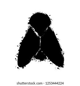 Silhouette of fly. Insect, nature icon. Black ink with splashes on white background