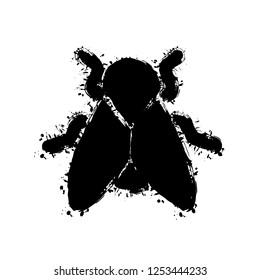 Silhouette of fly. Insect, nature icon. Black ink with splashes on white background