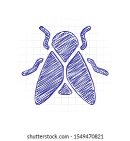 Silhouette of fly. Insect, nature icon. Hand drawn sketched picture with scribble fill. Blue ink. Doodle on white background