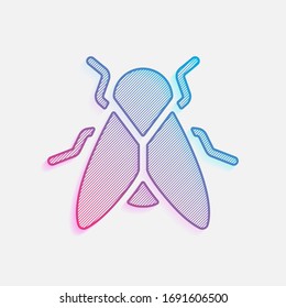 Silhouette of fly. Insect, nature icon. Colored logo with diagonal lines and blue-red gradient. Neon graphic, light effect