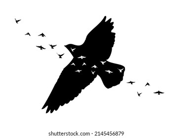 Silhouette flying abstraction birds on white background. Tattoo. Vector illustration