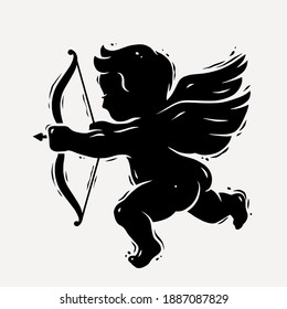 Silhouette flying baby cupid angel with bow and wings for the Valentines love day