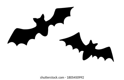 Silhouette of a flying bat with spread wings. Hand drawn flat black halloween and witch magic symbol. Cartoon style. Stock vector illustration isolated on white background.