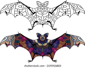 Silhouette Of A Flying Bat. In The Style Of Abstract Hand Drawing For Coloring. Color And Outline Set