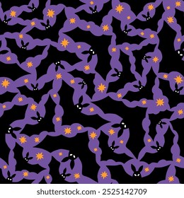 Silhouette of flying bats and stars halloween seamless vector pattern.