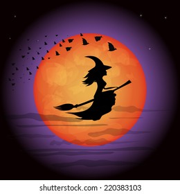 silhouette of a flying beautiful witch and bats  on moon and dark sky background, vector illustration