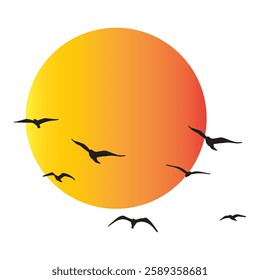 Silhouette of a flying bird against a circle background 