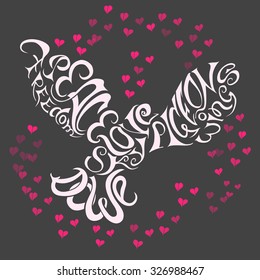 Silhouette of flying bird dove pigeon and little hearts around. Creative illustration. Lettering elements inscription Peace, Freedom, Love, Dove, Sky, Pigeon, Wings. Inspirational vector typography.