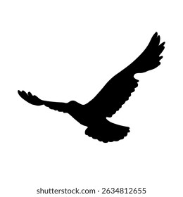 Silhouette of a flying bird. Bird in motion isolated on white background. Black and white outline of a bird soaring in the sky