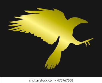 Silhouette of a flying bird. Offensive crows. Rook. Circuit. Golden Raven.