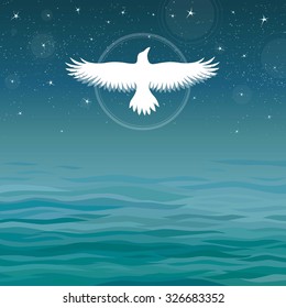 Silhouette of the flying bird on a sea background.