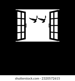 Silhouette of the Flying Bird of Prey, Falcon or Hawk on the Window. Vector Illustration