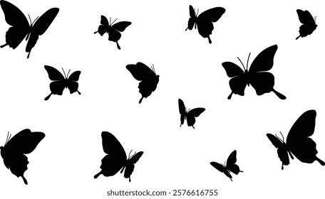 Silhouette of Flying Butterflies on a White Background