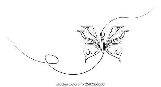 Silhouette of flying butterfly one black line beautiful swirls. Vector doodle pattern isolated on white background space copy. Elegant insect image for print, invitation, web, website, coloring page