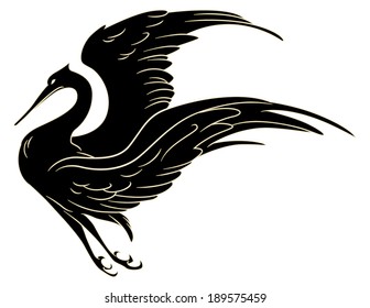 Silhouette of a flying crane bird on a white background. Isolated vector illustration.